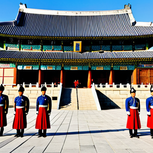 Home 4 A vibrant professional photograph depicting Korean royal guards in richly colored, traditional historical uniforms performing the changing of the guard ceremony at Gyeongbokgung Palace in Seoul. The guards are fully clothed in modest, appropriate attire, standing in a natural pose with perfect anatomy, correct proportions, well-formed hands, and proper finger count. The majestic palace with its characteristic curved roofs and ornate details is visible under a clear blue sky in the background. The atmosphere is solemn and respectful. This is a high-quality, realistic, and detailed image, safe for work, appropriate content, and family-friendly.