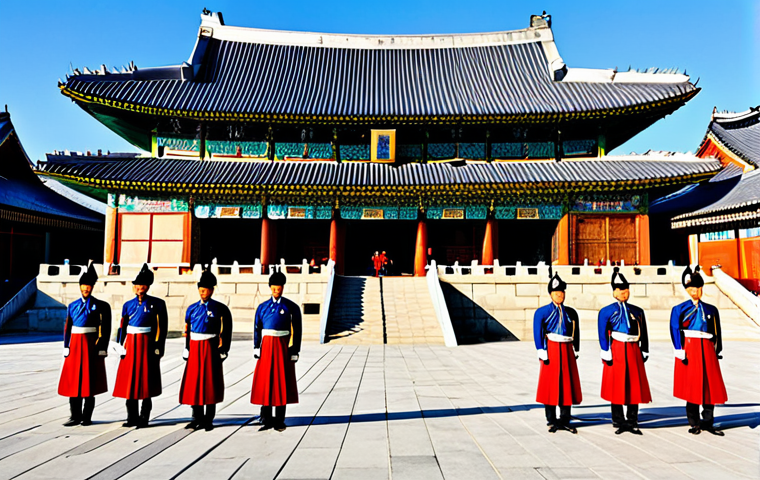 A vibrant professional photograph depicting Korean royal guards in richly colored, traditional historical uniforms performing the changing of the guard ceremony at Gyeongbokgung Palace in Seoul. The guards are fully clothed in modest, appropriate attire, standing in a natural pose with perfect anatomy, correct proportions, well-formed hands, and proper finger count. The majestic palace with its characteristic curved roofs and ornate details is visible under a clear blue sky in the background. The atmosphere is solemn and respectful. This is a high-quality, realistic, and detailed image, safe for work, appropriate content, and family-friendly.