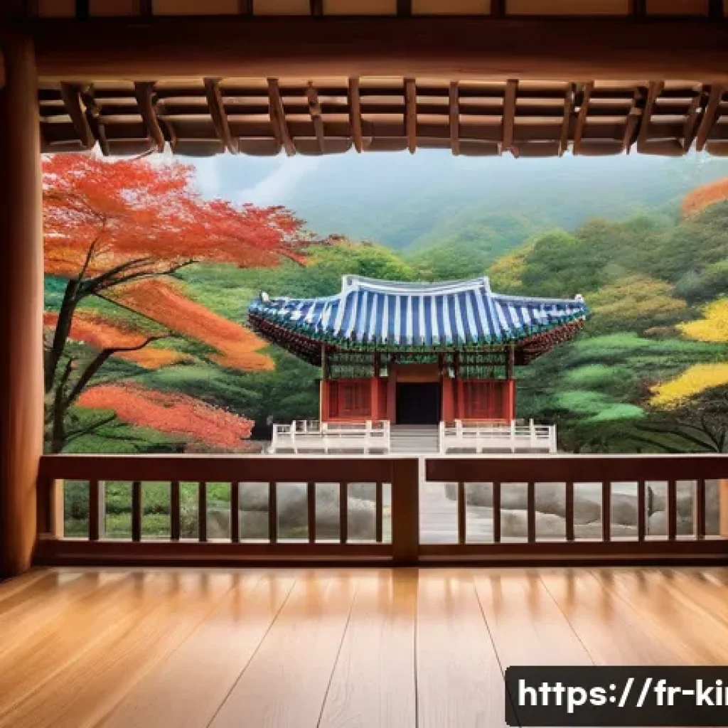 한국 사찰 건축 양식 - A serene traditional Korean Buddhist temple nestled harmoniously within a dense forest on a gentle h...