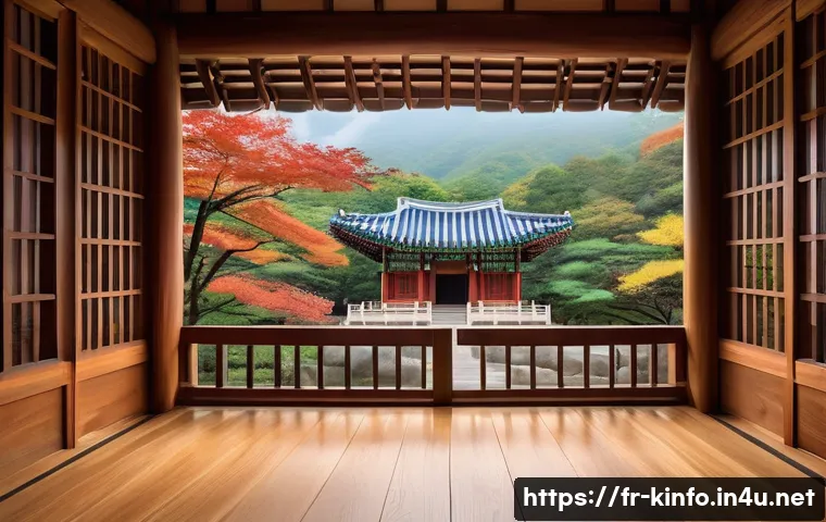 한국 사찰 건축 양식 - A serene traditional Korean Buddhist temple nestled harmoniously within a dense forest on a gentle h...
