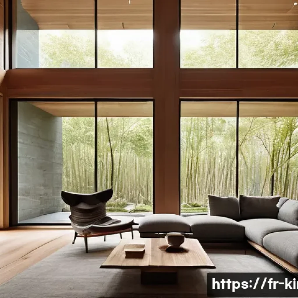 한국 전통 주거지와 현대적 해석 - A modern living room interior featuring a harmonious blend of natural wood and stone materials, with...