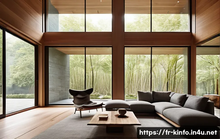 한국 전통 주거지와 현대적 해석 - A modern living room interior featuring a harmonious blend of natural wood and stone materials, with...