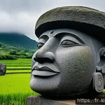 Home 21 제주도 돌하르방 유래 - A majestic basalt stone statue standing at the entrance of a traditional island village, carved from...