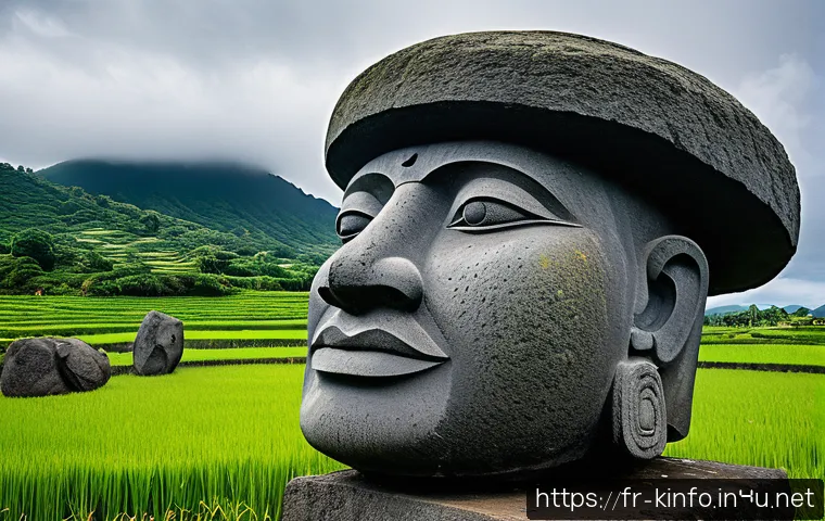 제주도 돌하르방 유래 - A majestic basalt stone statue standing at the entrance of a traditional island village, carved from...