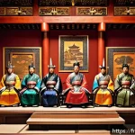 Home 19 한국의 삼국시대 문화 비교 - A grand scene depicting the political governance of the Three Kingdoms period, featuring a regal thr...