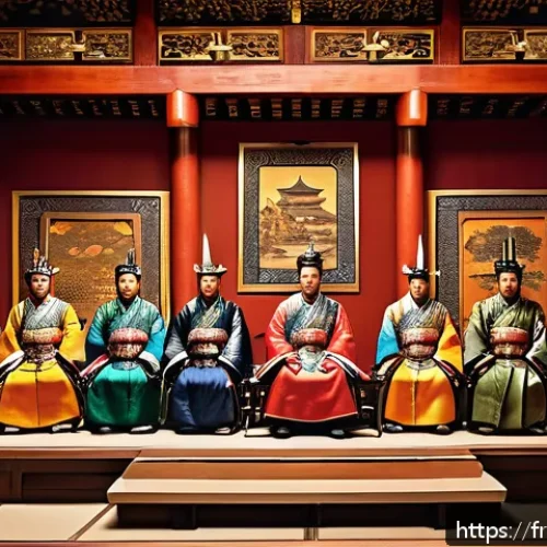 Home 31 한국의 삼국시대 문화 비교 - A grand scene depicting the political governance of the Three Kingdoms period, featuring a regal thr...