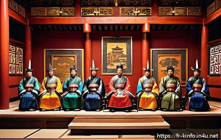 한국의 삼국시대 문화 비교 - A grand scene depicting the political governance of the Three Kingdoms period, featuring a regal thr...