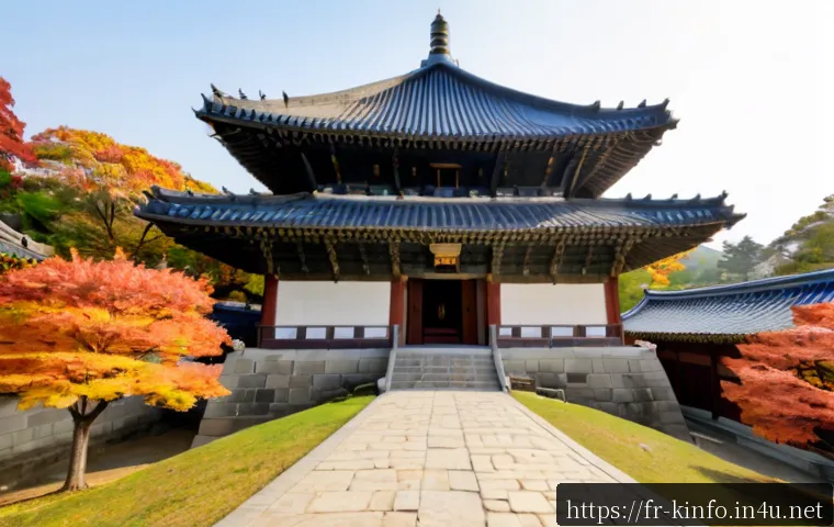 경상도 경주 불국사 역사 - Photorealistic wide-angle view of Bulguksa Temple in Gyeongju, South Korea, historic Silla-era stone...